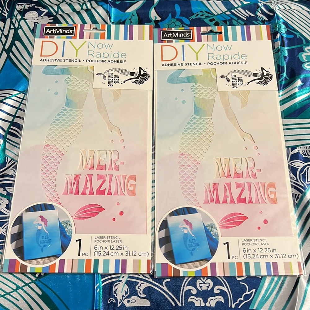 New Set of Two "Mermazing" ArtMinds Stencil Adhesive Plastic 6"x12.5" Mermaid